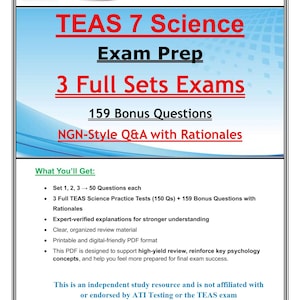 Może przedstawiać: Dokument PDF zatytułowany "TEAS 7 Science Exam Prep" z czerwonym i niebieskim tekstem. Zawiera 3 pełne zestawy egzaminów, 159 pytań bonusowych i pytania i odpowiedzi w stylu NGN z uzasadnieniami. Dokument opisuje korzyści.