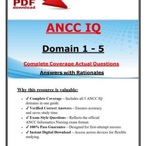 May include: Digital download graphic with the text "ANCC IQ Domain 1-5". The image includes the text "Complete Coverage Actual Questions Answers with Rationales". Additional text highlights key features like complete coverage and a 100% pass guarantee.