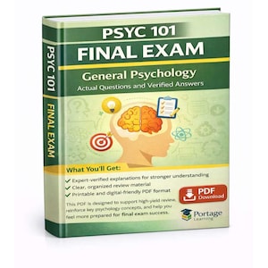 Puede incluir: Un libro de texto titulado "PSYC 101 FINAL EXAM General Psychology". La portada es verde y blanca, con el título en letras grandes y en negrita. Incluye ilustraciones de un cerebro, un objetivo y una portapapeles. El libro está diseñado para apoyar la revisión de alto rendimiento.