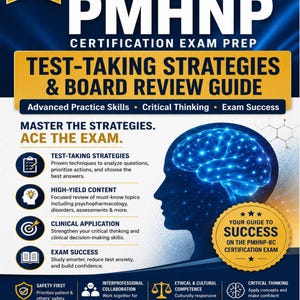 May include: A 2026 edition PMHNP certification exam prep guide featuring a blue and gold cover with a glowing brain graphic. The text includes Test-Taking Strategies & Board Review Guide, Master the Strategies, Ace the Exam, and Your Guide to Success.