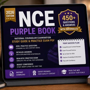 以下が含まれることがあります： National Counselor Examination用NCE Purple Book 2026 Edition学習ガイドを表示するデジタルタブレット。画面には、450問以上の問題、解説付きの回答、試験準備のための成功プランが記載されたテキストが表示されています。