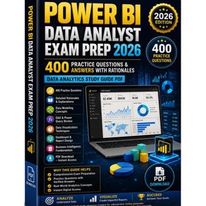 May include: A Power BI Data Analyst Exam Prep 2026 edition study guide book. The cover is black with yellow and blue text, featuring a laptop displaying data charts, 400 practice questions, and a PDF download icon. It highlights data modeling.