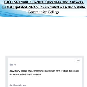 May include: A digital document with the text "BIO 156 Exam 2 | Actual Questions and Answers Latest Updated 2026/2027 (Graded A+)- Rio Salado Community College." The document includes a question about chromosomes.