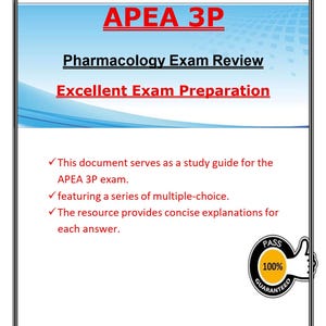 May include: A PDF document with the title "APEA 3P Pharmacology Exam Review." The document includes the text "Excellent Exam Preparation" and promises concise explanations. A red arrow and a "100% Guaranteed" seal are also visible.