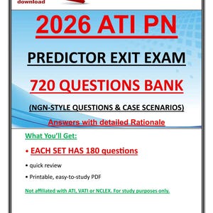 Puede incluir: Un documento PDF con el título "2026 ATI PN Predictor Exit Exam" en letras rojas grandes. El documento incluye el texto "720 QUESTIONS BANK" y otros detalles sobre el examen, incluyendo "Answers with detailed Rationale".