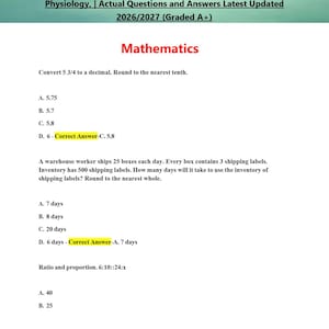 May include: A document titled "HESI A2 Version 1 And 2 Mathematics Reading, Anatomy & Physiology" with math questions and answers. The text includes questions on decimals, shipping labels, and ratio and proportion.