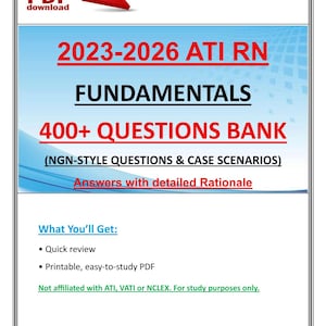 Pode incluir: Um guia de estudo digital para estudantes de enfermagem. A capa apresenta o texto "2023-2026 ATI RN FUNDAMENTALS" com "400+ QUESTIONS BANK" e "Answers with detailed Rationale." Inclui uma revisão rápida e PDF para impressão.