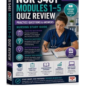Op de afbeelding: Een studiehandleiding getiteld "NUR 5461 Modules 1-5 Quiz Review 2026" met een verpleegkundige in een uniform. De omslag bevat tekst, pictogrammen en de zin "Practice Questions & Answers". De gids belooft gerichte quizbeoordeling en examenachtige oefeningen.