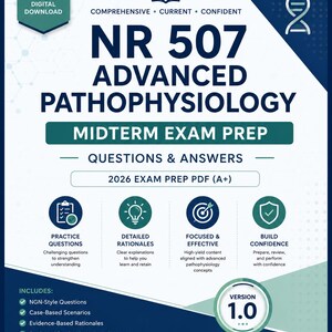May include: A digital download PDF for NR 507 Advanced Pathophysiology Midterm Exam Prep. The teal and white graphic includes icons for practice questions, detailed rationales, and focused content. The text includes "2026 Exam Prep PDF (A+)".