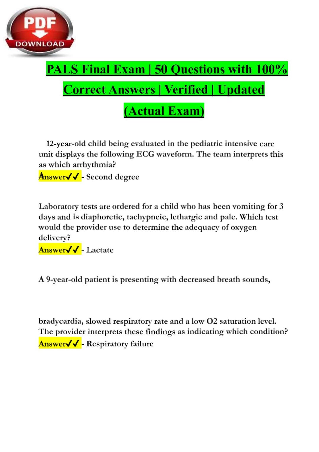 PALS Final Exam | 50 Questions and Answers | Pediatric Advanced Life ...
