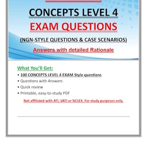 Puede incluir: Gráfico de descarga PDF con el texto "ATI RN CONCEPTS LEVEL 4 EXAM QUESTIONS". La imagen incluye una flecha roja y las palabras "PDF download". El texto también incluye "(NGN-STYLE QUESTIONS & CASE SCENARIOS)" y "Answers with detailed Rationale".