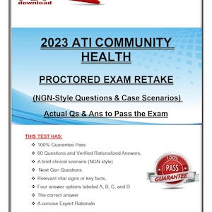May include: A digital document titled "2023 ATI COMMUNITY HEALTH PROCTORED EXAM RETAKE." The image includes a red arrow, a "PDF download" label, and a "100% PASS GUARANTEE" badge. The document promises actual questions and answers to pass the exam.