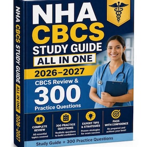 Może przedstawiać: Niebiesko-żółty podręcznik zatytułowany "NHA CBCS Study Guide All in One 2026-2027". Okładka przedstawia uśmiechniętą kobietę w fartuchu i tekst "CBCS Review & 300 Practice Questions". Zawiera ikony i tekst o podręczniku.