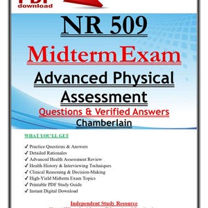 Könnte beinhalten: Ein digitales Studienleitfaden-Dokument mit dem Titel NR 509 Midterm Exam Advanced Physical Assessment Questions & Verified Answers Chamberlain. Die Seite hat einen blau-weißen Hintergrund mit einem roten Pfeilsymbol und einer Liste der Lernmaterialien.