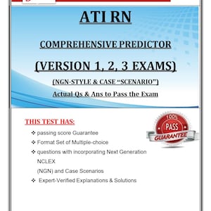 Puede incluir: Documento digital "ATI RN Comprehensive Predictor" con el texto "Version 1, 2, 3 Exams". El documento incluye una insignia de "Garantía de aprobación del 100%" y enumera características como preguntas de opción múltiple y explicaciones de expertos.
