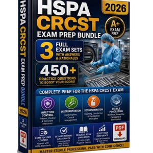Può includere: Un libro di preparazione all'esame HSPA CRCST 2026 con copertina blu e testo bianco e giallo. La copertina mostra 3 set d'esame completi, oltre 450 domande di pratica e icone per il controllo delle infezioni, la strumentazione e la sterilizzazione.