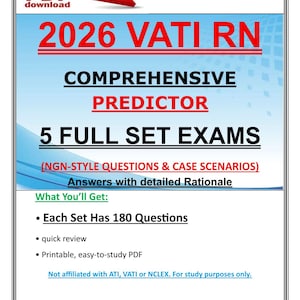 Puede incluir: Un gráfico de descarga en PDF con el texto "2026 VATI RN COMPREHENSIVE PREDICTOR" en rojo y negro. La imagen también incluye "5 FULL SET EXAMS" y viñetas que detallan el contenido, incluyendo 180 preguntas por conjunto.
