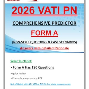Puede incluir: Gráfico digital para una descarga en PDF, titulado "2026 VATI PN Comprehensive Predictor Form A". La imagen presenta una flecha roja y las palabras "PDF download". El texto también dice "Answers with detailed Rationale".