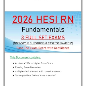Puede incluir: Documento digital titulado "2026 HESI RN Fundamentals" con una flecha roja y las palabras "PDF download". El documento promete 3 exámenes completos, preguntas estilo NGN y escenarios. Garantiza una nota aprobatoria.