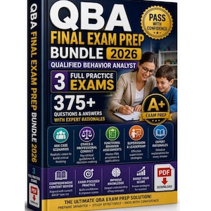 Op de afbeelding: Boekomslag voor de QBA Final Exam Prep Bundle 2026. De omslag toont de tekst "QBA FINAL EXAM PREP BUNDLE 2026" en "QUALIFIED BEHAVIOR ANALYST". Het bevat afbeeldingen van een vrouw en een kind, en pictogrammen die examenvakken vertegenwoordigen.
