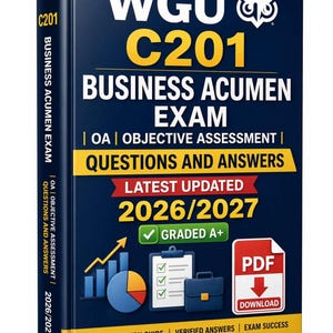 May include: A book titled "WGU C201 Business Acumen Exam" with text including "Questions and Answers" and "Latest Updated 2026/2027." The cover is dark blue with yellow and white text, and features a PDF download icon.