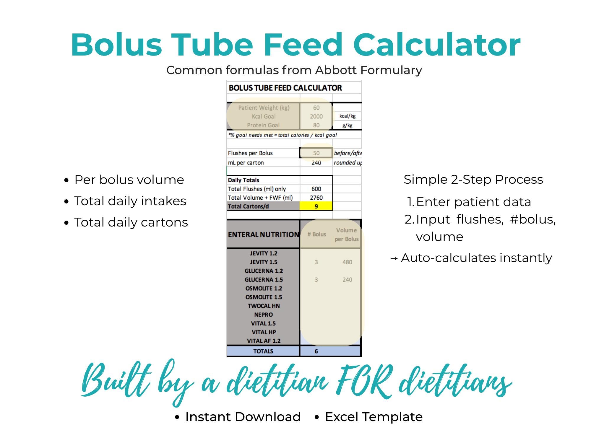 Bolus Tube Feed Calculator Excel | Feeding Schedule Planner | Dietitian ...