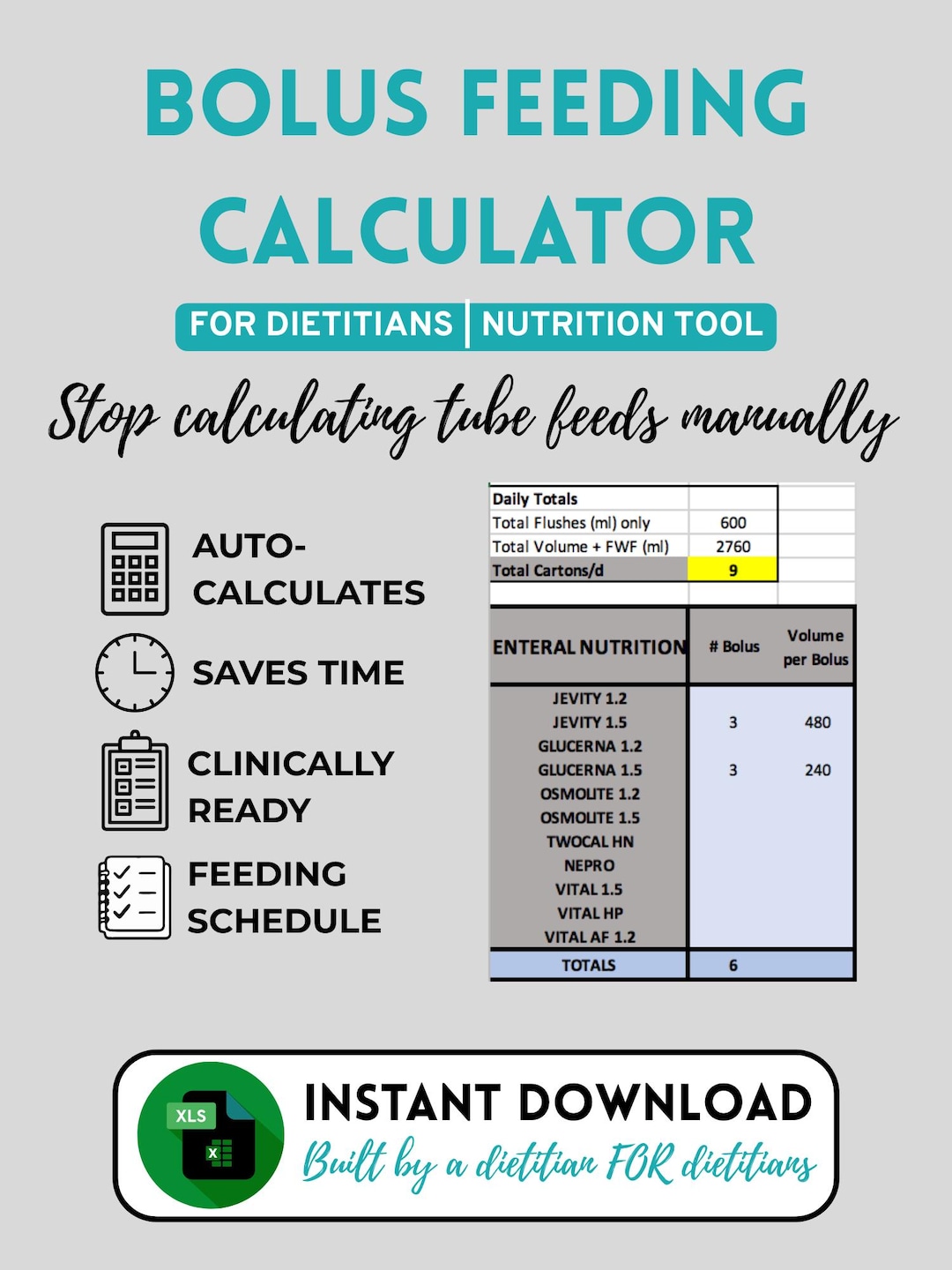 Bolus Tube Feed Calculator Excel | Feeding Schedule Planner | Dietitian ...