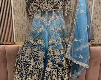 Luxury Ombre Farshi Suit, Two-Tone Sky Blue & Navy Peplum Gown, Heavy Handwork Wedding Outfit, Special Edition Designer Ethnic Suit