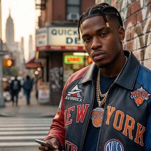 May include: A person wearing a black, red, and blue leather jacket with "NEW YORK" and "Knicks" logos. The jacket has a gold chain necklace and a pendant. The background shows a city street with a brick wall.