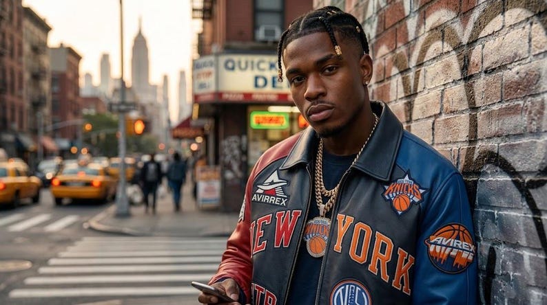 May include: A person wearing a black, red, and blue leather jacket with "NEW YORK" and "Knicks" logos. The jacket has a gold chain necklace and a pendant. The background shows a city street with a brick wall.