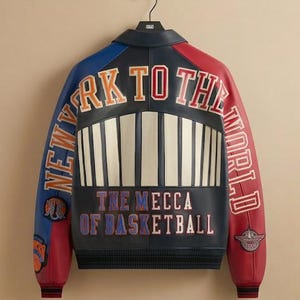 May include: A black, blue, and red leather jacket with the text "NEW YORK TO THE WORLD" and "THE MECCA OF BASKETBALL." The jacket has a white and black design on the back and is hanging on a hanger.
