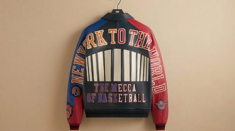 May include: A black, blue, and red leather jacket with the text "NEW YORK TO THE WORLD" and "THE MECCA OF BASKETBALL." The jacket has a white and black design on the back and is hanging on a hanger.