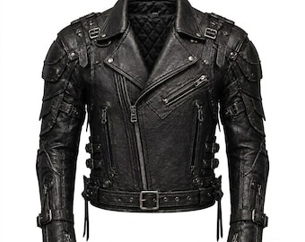 Mens Black Leather Armored Biker Jacket Distressed Gothic Punk Motorcycle Riding Leather Coat