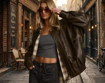 1990s Oversized Distressed Brown Leather Jacket Vintage Boxy Fit Retro Bomber Coat Outerwear
