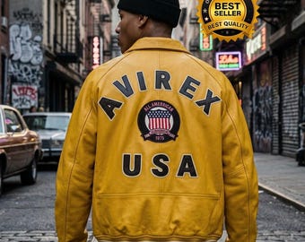 Avirex Icon SENF Echtleder Jacke Herren Streetwear Biker Varsity Mode Oberbekleidung Mantel