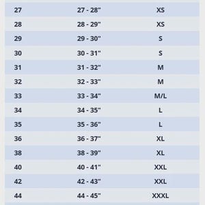May include: A blue and white pants size chart titled Pants Size Chart. The table lists numerical sizes from 26 to 50, corresponding waist measurements in inches from 26-27 to 50-51, and international size equivalents ranging from XXS to 4XL.