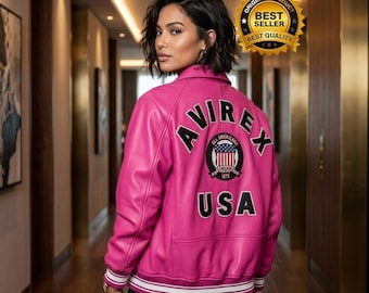 Avirex Icon Pink Real Leather Jacket Women Biker Streetwear Fashion Trendy Outerwear Coat