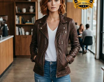 Handmade Brown Sheepskin Leather Biker Jacket Women Slim Fit Motorcycle Leather Coat Fashion
