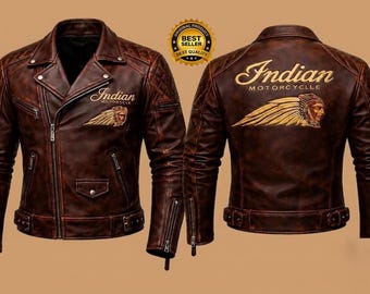 Indian Motorcycle Brown Distressed Cowhide Leather Cafe Racer Biker Jacket Retro Rider Style Men