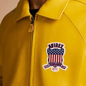 May include: A bright yellow leather jacket with a full-length front zipper and a pointed collar. A patch on the chest features the text AVIREX, ESTABLISHED 1975, and N.Y., along with a shield graphic containing stars and vertical red and white stripes.
