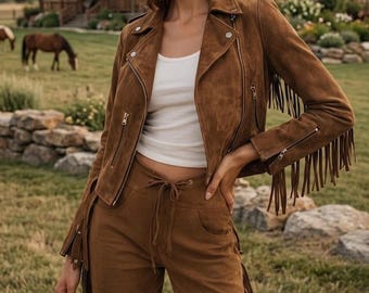 Handmade Women Brown Suede Fringe Jacket and Pants Set Western Cowgirl Tassel Sheepskin Outfit