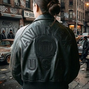 Puede incluir: Chaqueta bomber de cuero negro con la palabra "AVIREX" en la espalda. La chaqueta presenta un emblema circular con las palabras "AMERICAN" y "ESTABLISHED 1975" y las letras "USA" debajo. La chaqueta se usa en un entorno urbano.
