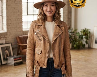 Handmade Womens Distressed Suede Leather Jacket Western Style Vintage Cowgirl Leather Coat