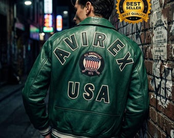 Avirex Icon Green Real Leather Jacket Men Streetwear Biker Varsity Fashion Outerwear Coat