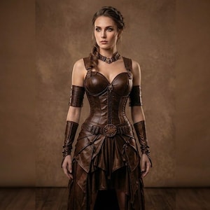 Könnte beinhalten: Ein braunes Leder-Korsettkleid mit herzförmigem Ausschnitt, verziert mit Trägern, Schnallen und einem Gürtel. Das Kleid umfasst passende Armstulpen und ein Halsband. Der Gesamtstil erinnert an Steampunk- oder Fantasy-Kleidung.