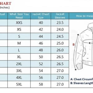 May include: A size chart for jackets with columns for actual chest size, required size, jacket chest size, and sleeve length in inches. A line drawing of a jacket illustrates how to measure chest circumference labeled A and sleeve length labeled B.