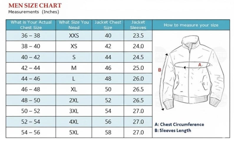 May include: A size chart for jackets with columns for actual chest size, required size, jacket chest size, and sleeve length in inches. A line drawing of a jacket illustrates how to measure chest circumference labeled A and sleeve length labeled B.