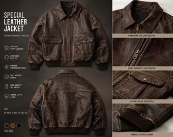 Vintage Distressed Brown Leather Bomber Jacket Oversized Boxy Fit Genuine Sheep Leather