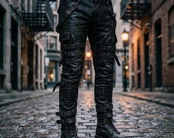 Men's Black Cowhide Leather Cargo Pants: Gothic Biker Slim Fit Buckle Trousers