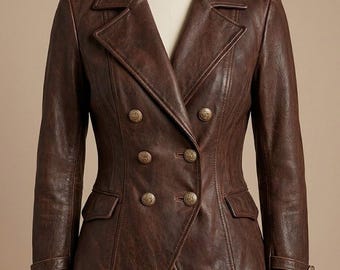 Chaqueta de piel de cordero auténtica para mujer, color marrón, estilo vintage, doble botonadura, con botones dorados.